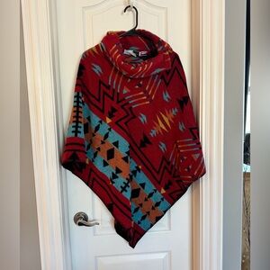 Vintage Southwestern Poncho Red Navajo Style Wool Blend Cape USA Made